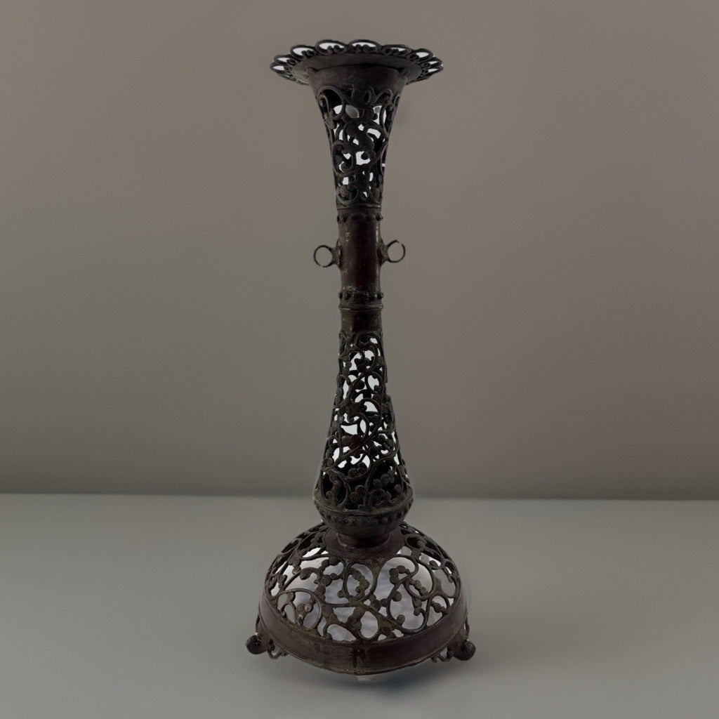 Vintage Victorian Cast Metal Filigree Candle Holder Openwork Bronze Tripod Base