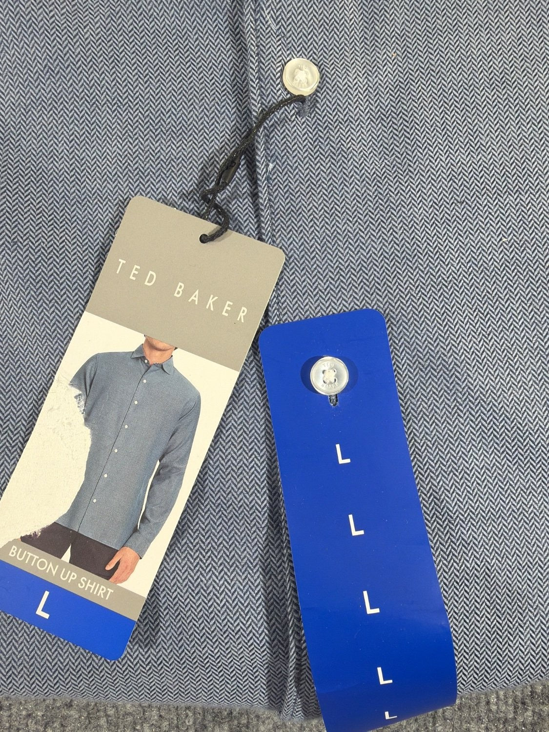 Ted Baker Men's L Blue Herringbone Geometric Print Long Sleeve Button Down Shirt