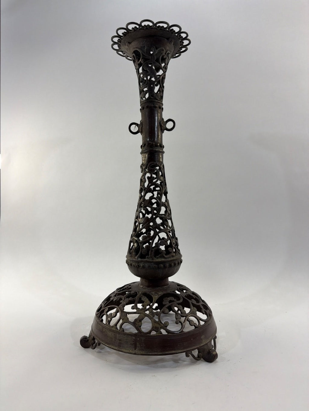 Vintage Victorian Cast Metal Filigree Candle Holder Openwork Bronze Tripod Base
