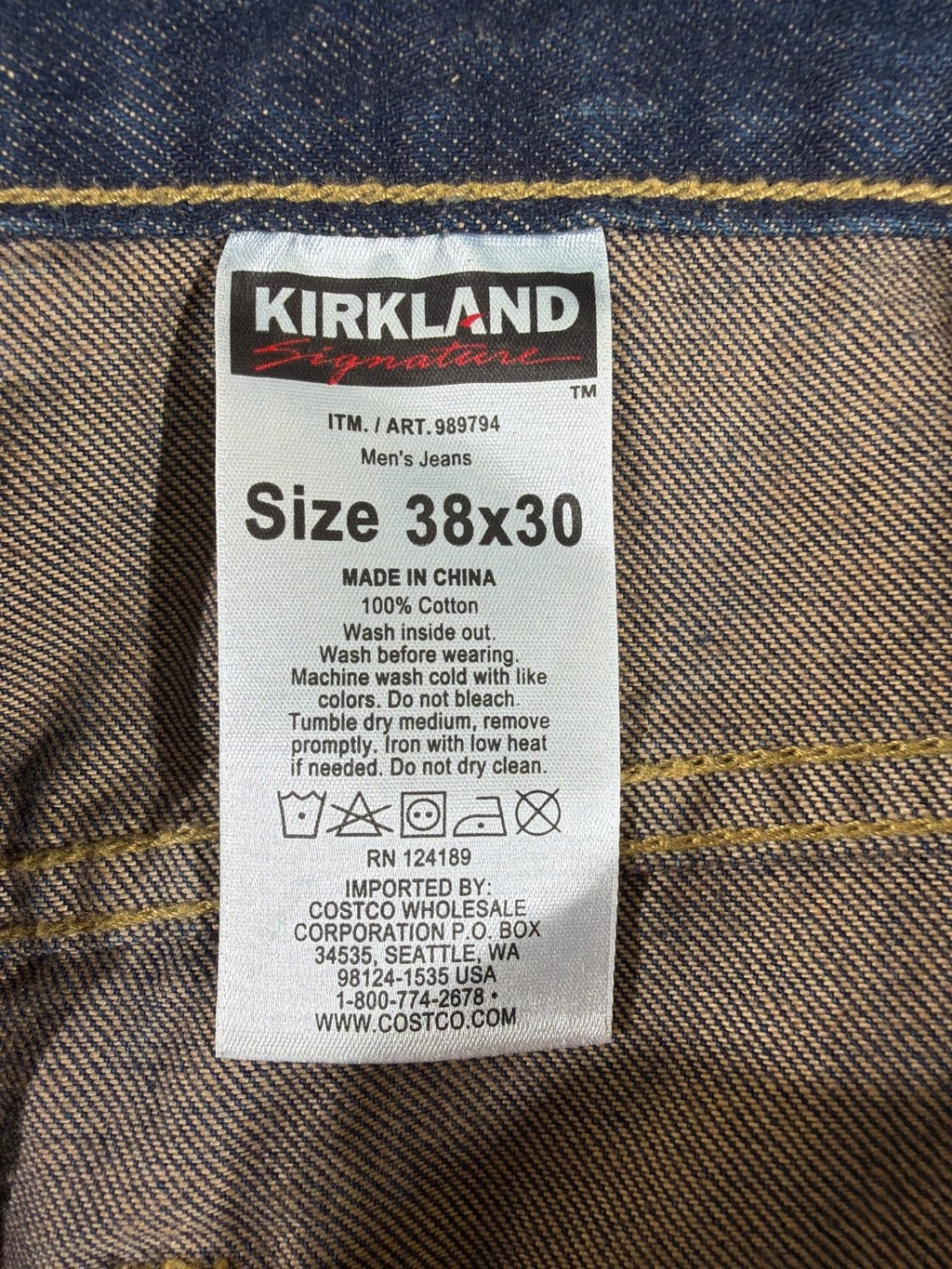 US 5 Kirkland Signature Men's Jeans 38x30 Dark Wash Blue Straight Leg Denim