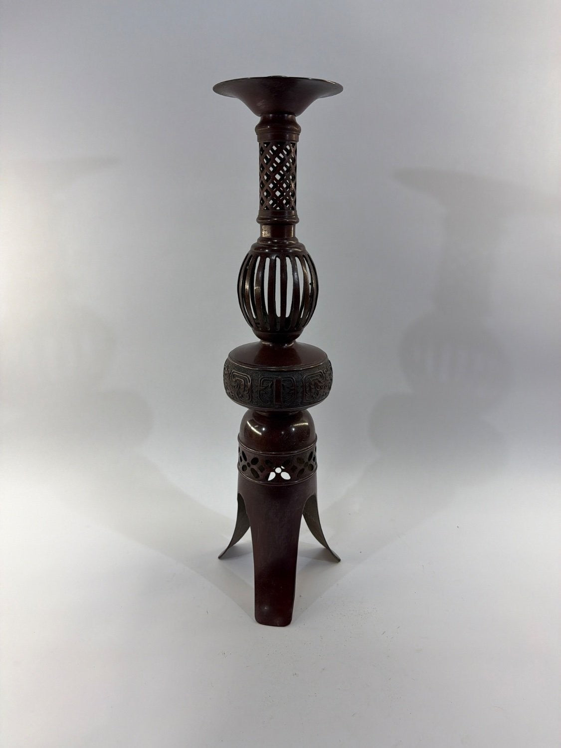 Vintage Japanese Bronze Pricket Candlestick Meiji Style Openwork Tripod Base
