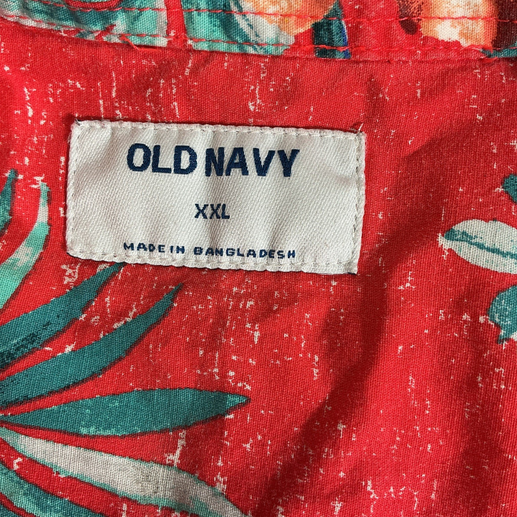 Old Navy Men’s XXL Button-Up Shirt Red Tropical Print Built-In Flex Short Sleeve