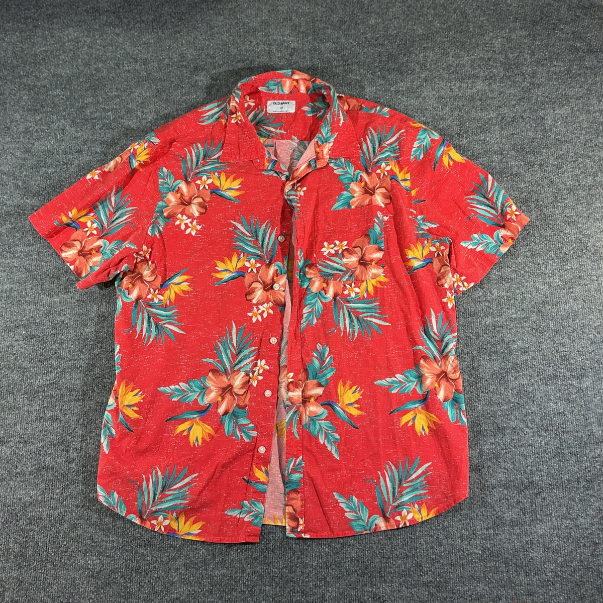 Old Navy Men’s XXL Button-Up Shirt Red Tropical Print Built-In Flex Short Sleeve