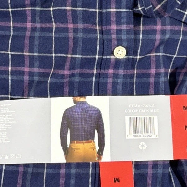 IZOD Mens Luxe Touch Long Sleeve Plaid Button Up Shirt BLUE/PURPLE MEDIUM New