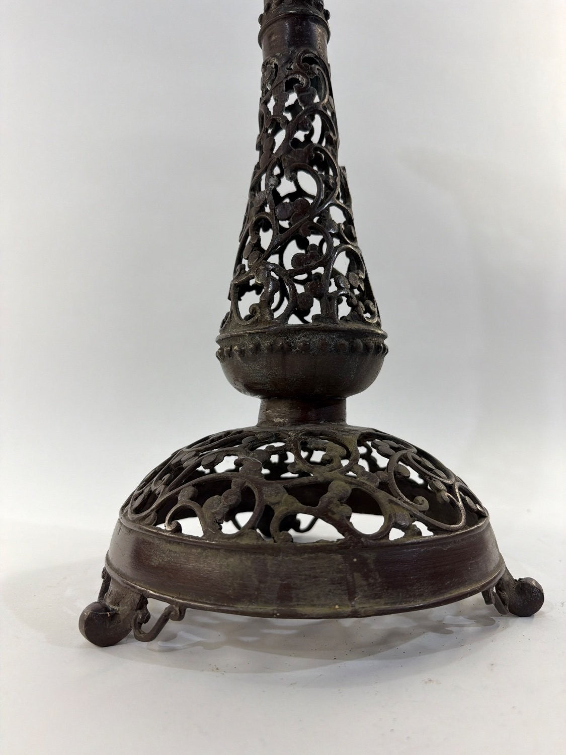 Vintage Victorian Cast Metal Filigree Candle Holder Openwork Bronze Tripod Base
