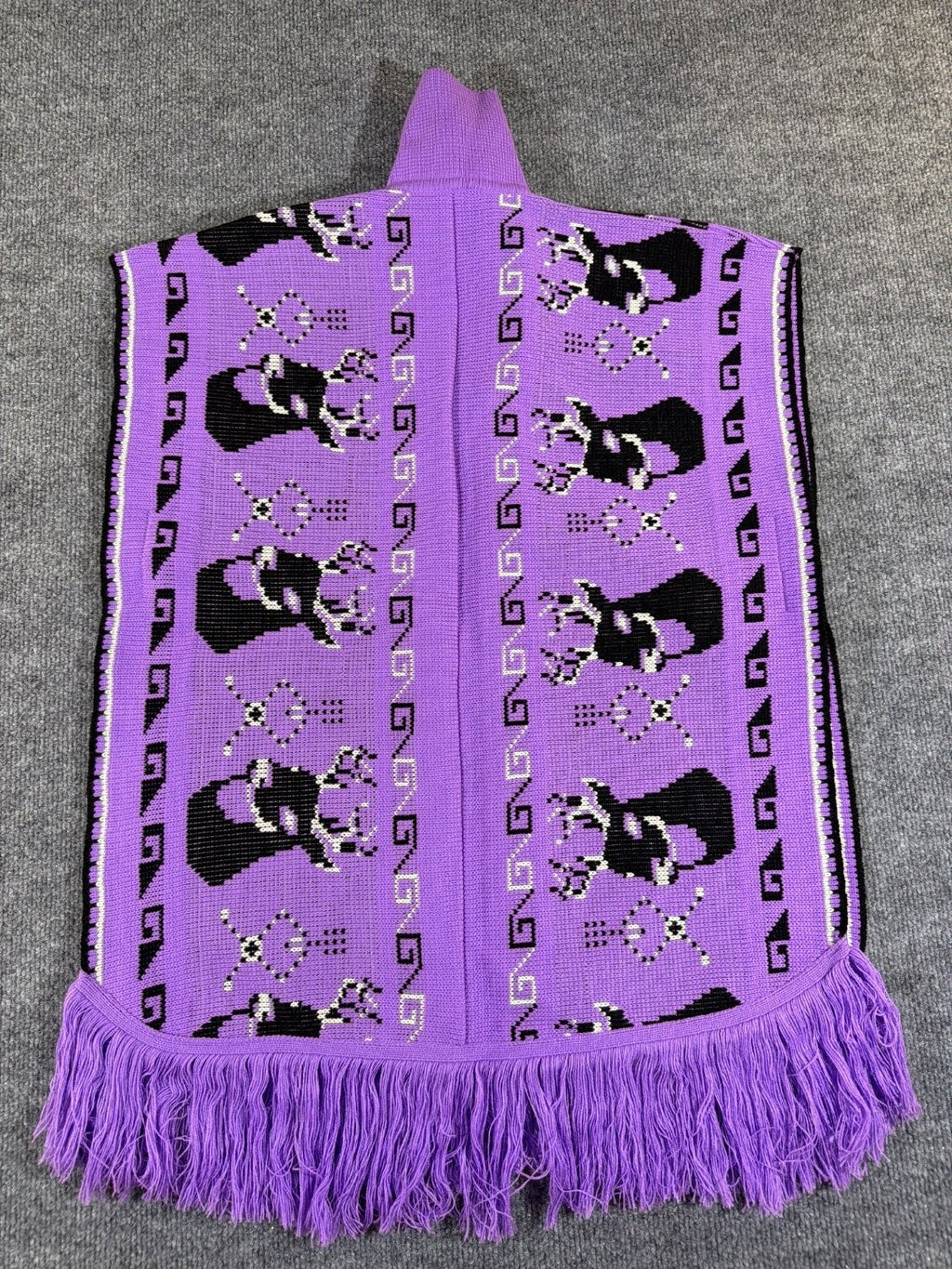 Vintage 1970s Knit Deer Poncho Purple Acrylic Fringe Stag Intarsia Cape One Size