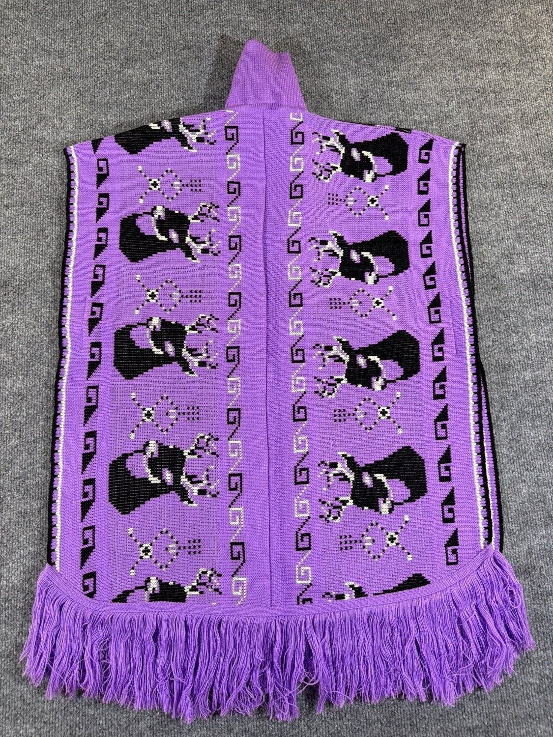 Vintage 1970s Knit Deer Poncho Purple Acrylic Fringe Stag Intarsia Cape One Size