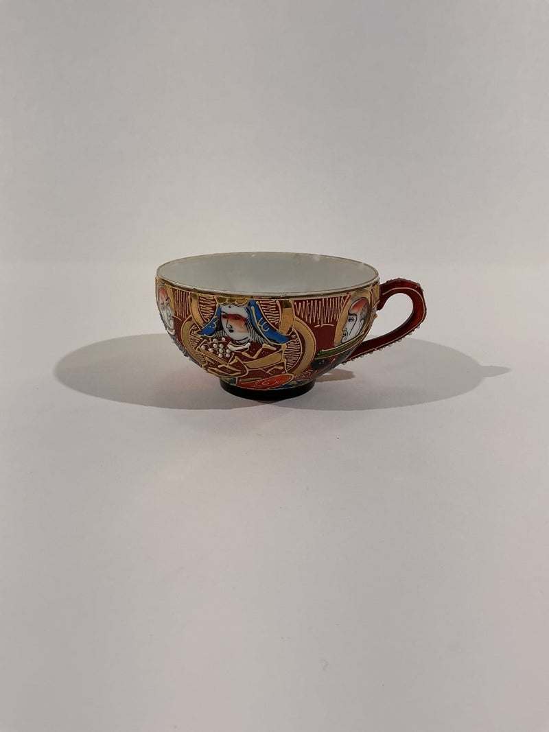 Vintage Japanese Satsuma Moriage Teacup Geisha Lithophane Porcelain Red Gold