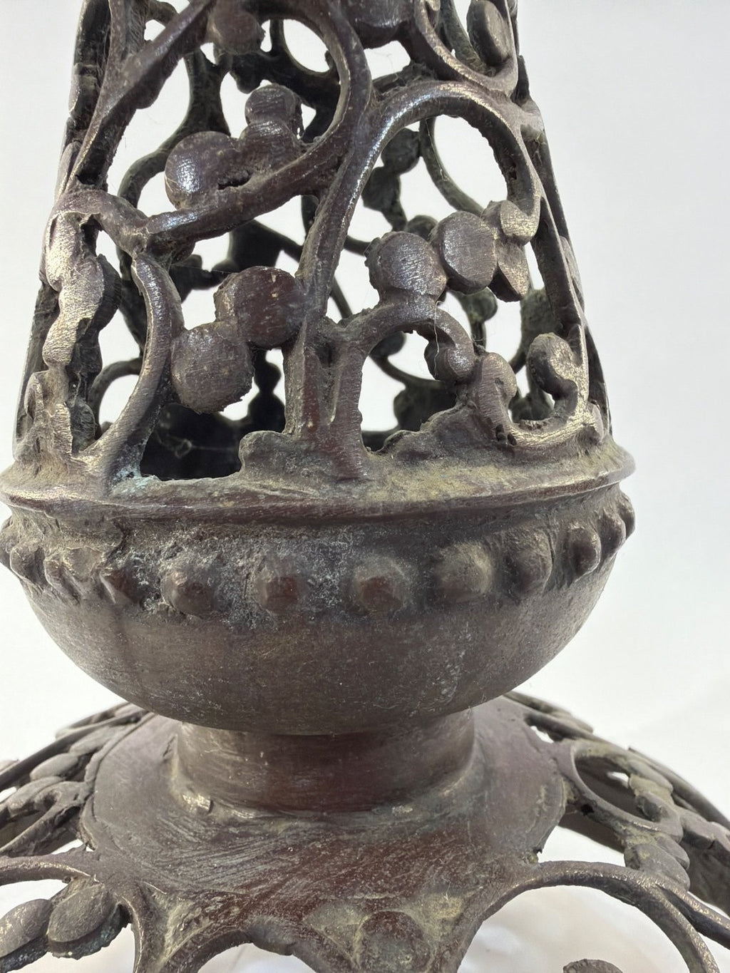 Vintage Victorian Cast Metal Filigree Candle Holder Openwork Bronze Tripod Base