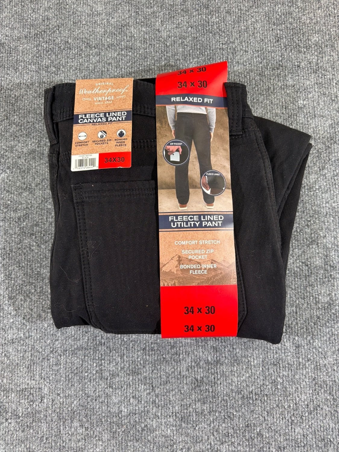 Weatherproof Vintage Men's Fleece Lined Canvas Utility Pants 34x30 Black