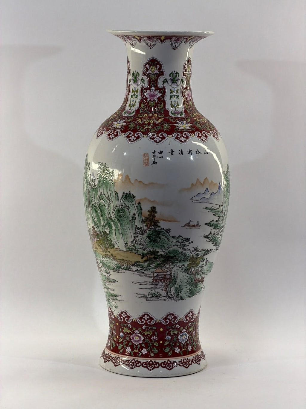 Vintage Chinese Famille Rose Porcelain Landscape Vase Shanshui Hand Painted