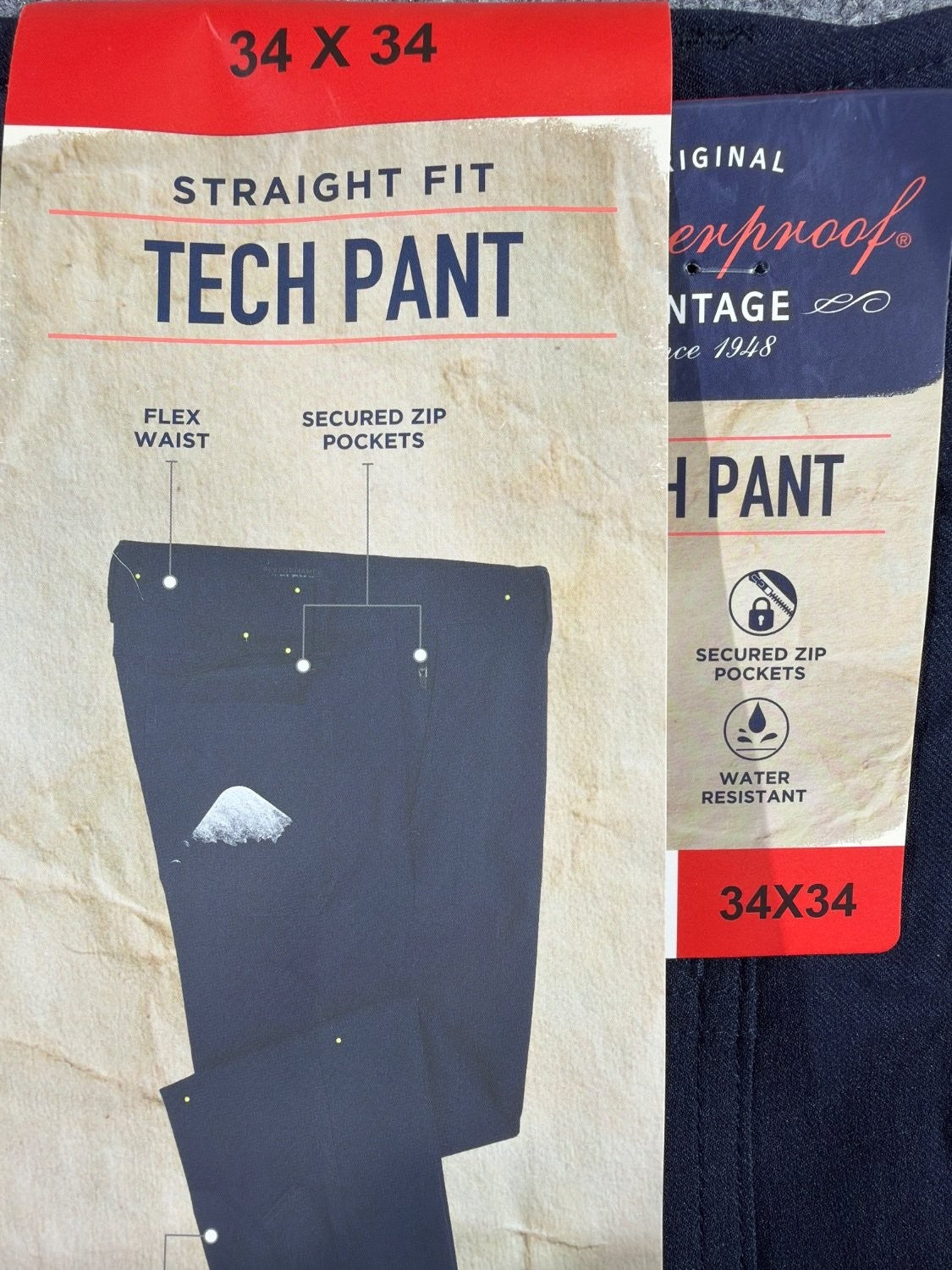 EU 34 Weatherproof Vintage Tech Pant Men 34x34 Straight Fit Active Stretch Navy