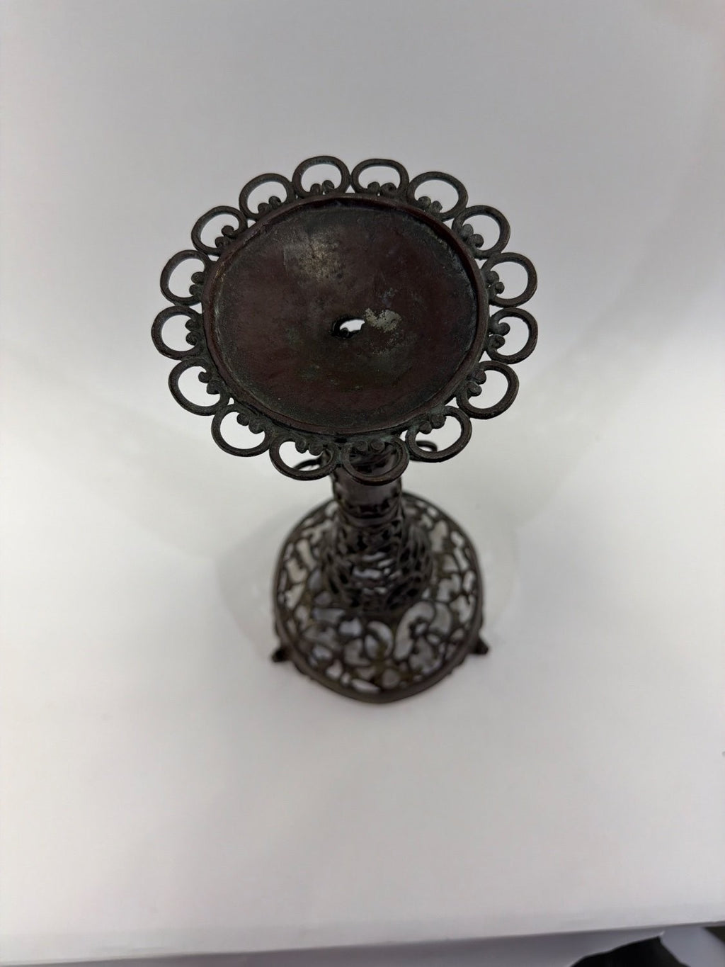 Vintage Victorian Cast Metal Filigree Candle Holder Openwork Bronze Tripod Base
