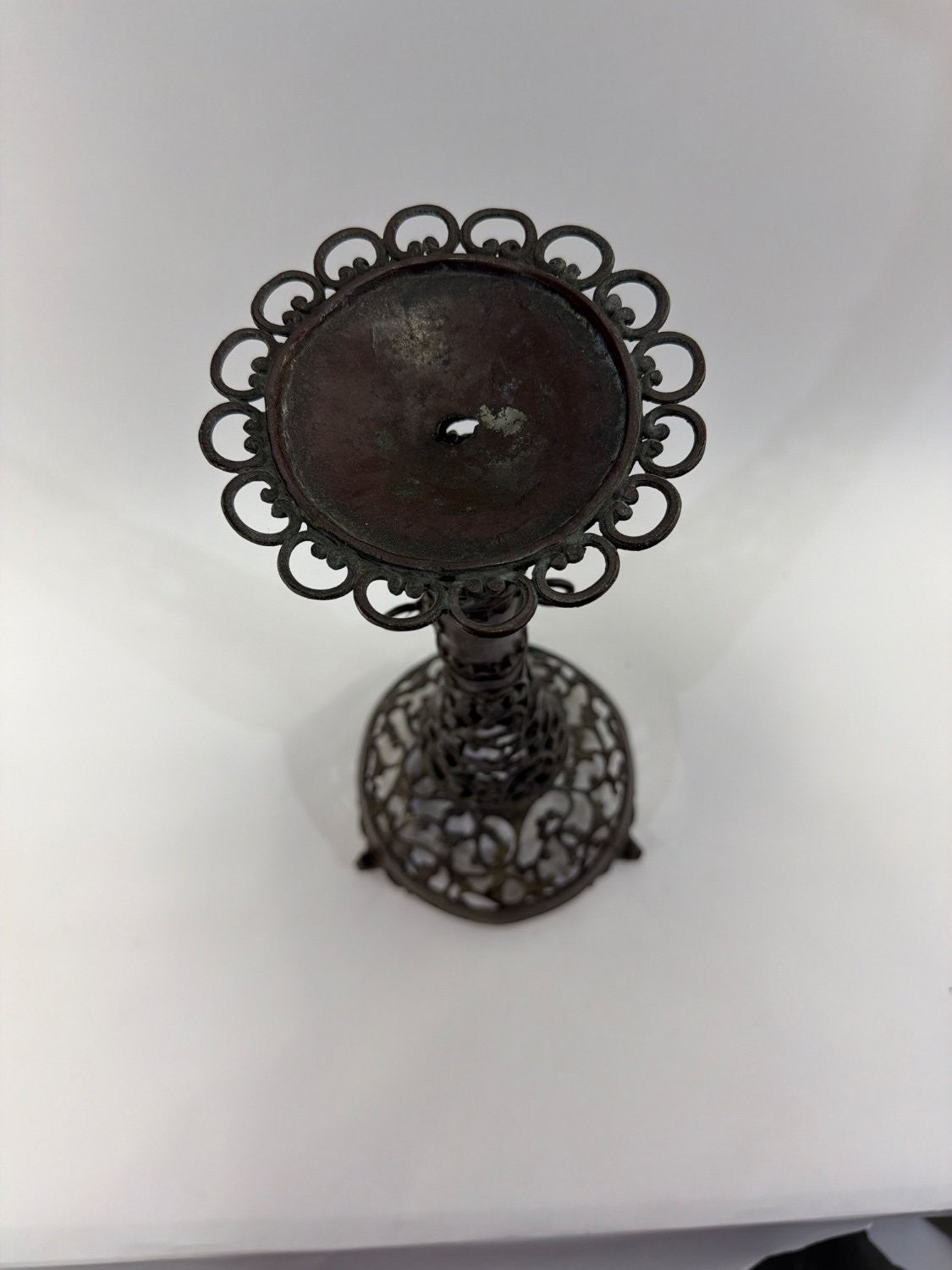 Vintage Victorian Cast Metal Filigree Candle Holder Openwork Bronze Tripod Base