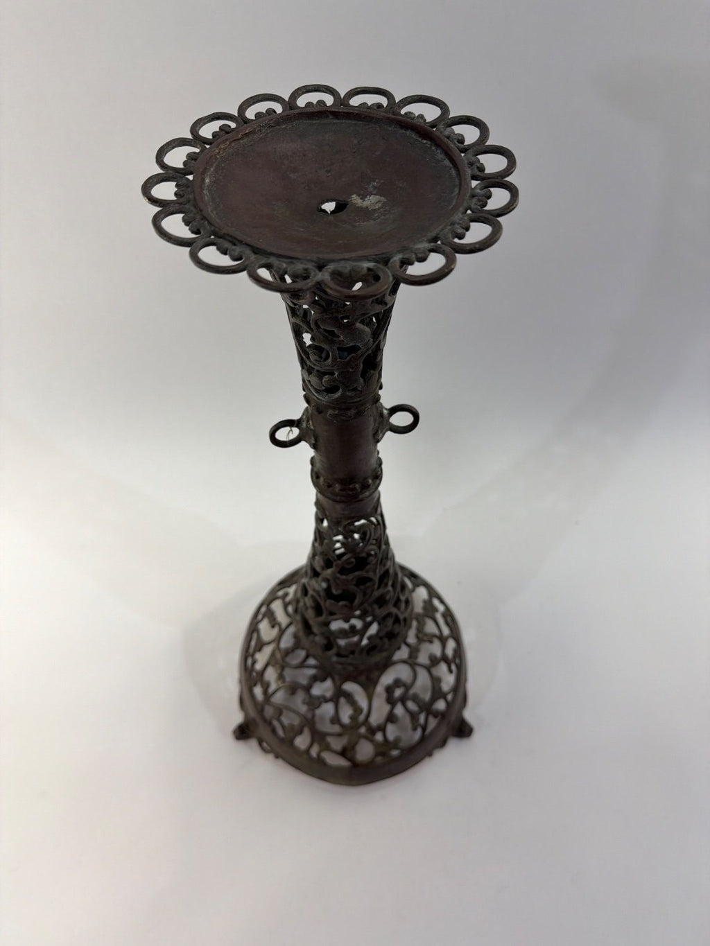 Vintage Victorian Cast Metal Filigree Candle Holder Openwork Bronze Tripod Base