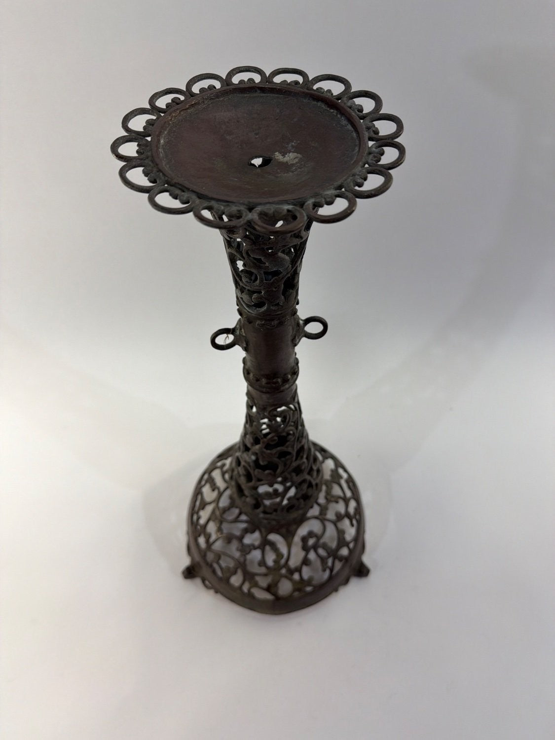 Vintage Victorian Cast Metal Filigree Candle Holder Openwork Bronze Tripod Base