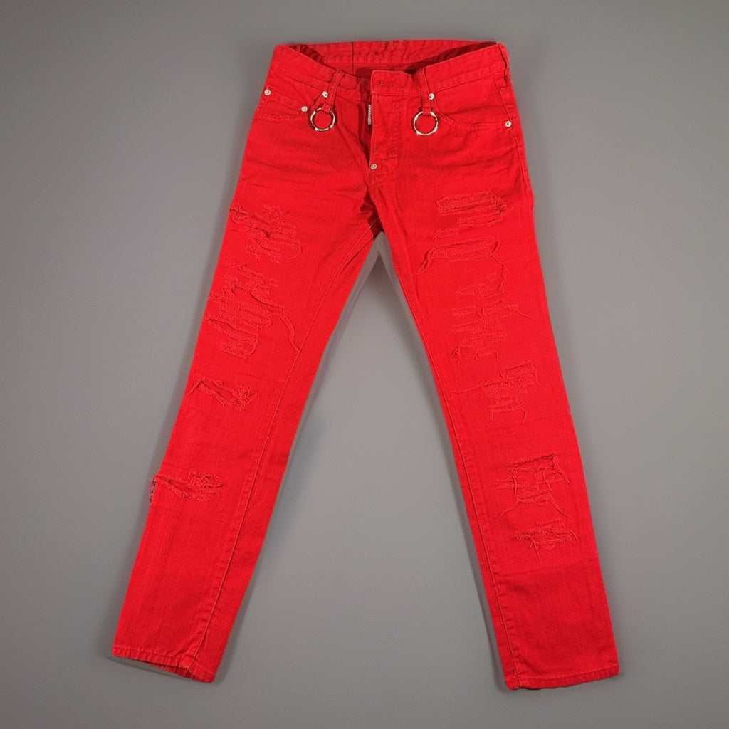Dsquared2 Jeans Women Red Distressed Punk Muse Flower Metallic Rings Details 44