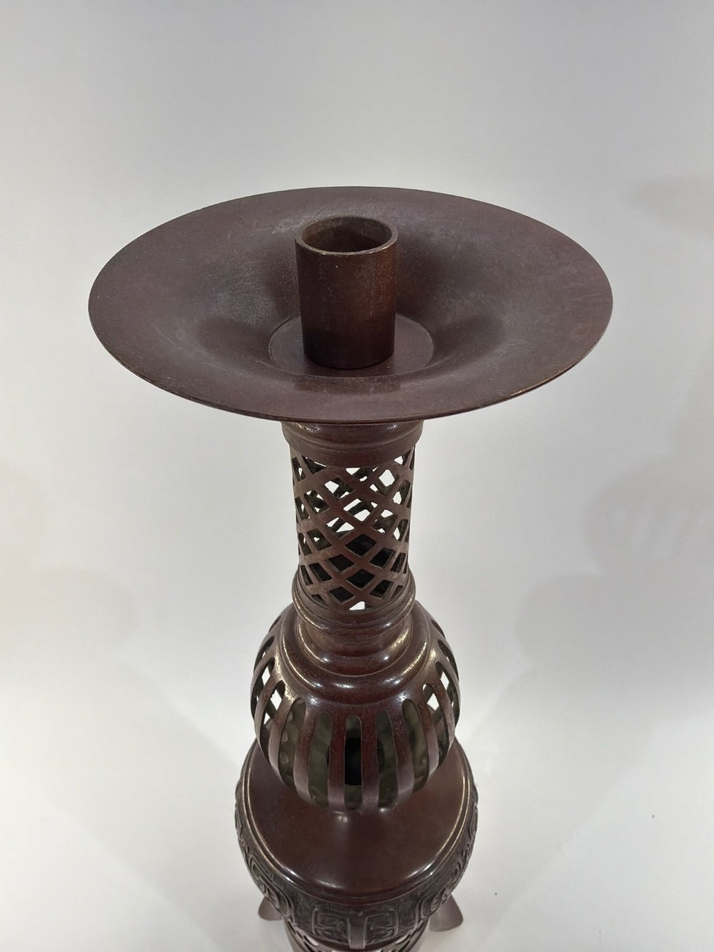 Vintage Japanese Bronze Pricket Candlestick Meiji Style Openwork Tripod Base
