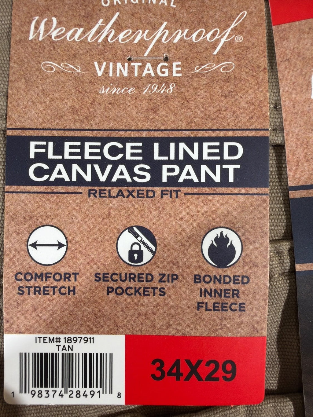 Weatherproof Vintage Men's Fleece Lined Utility Canvas Pants 34x29 Tan Stretch