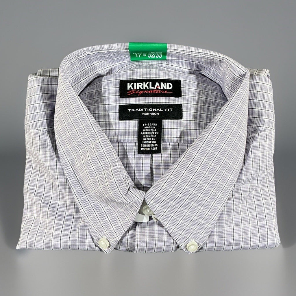 Kirkland Signature Men's 17.5 x 32/33 Traditional Fit Plaid Dress Shirt Blue