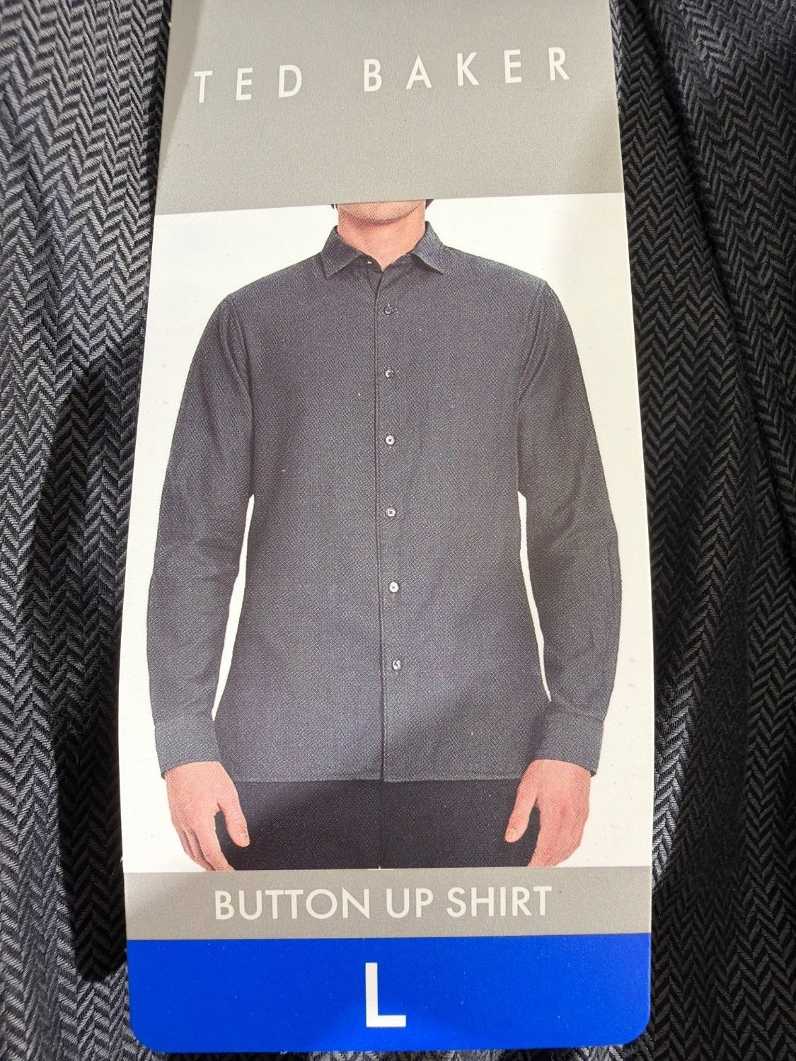 Ted Baker Men's Button Up Shirt L Black Herringbone Geometric Diamond Print NWT