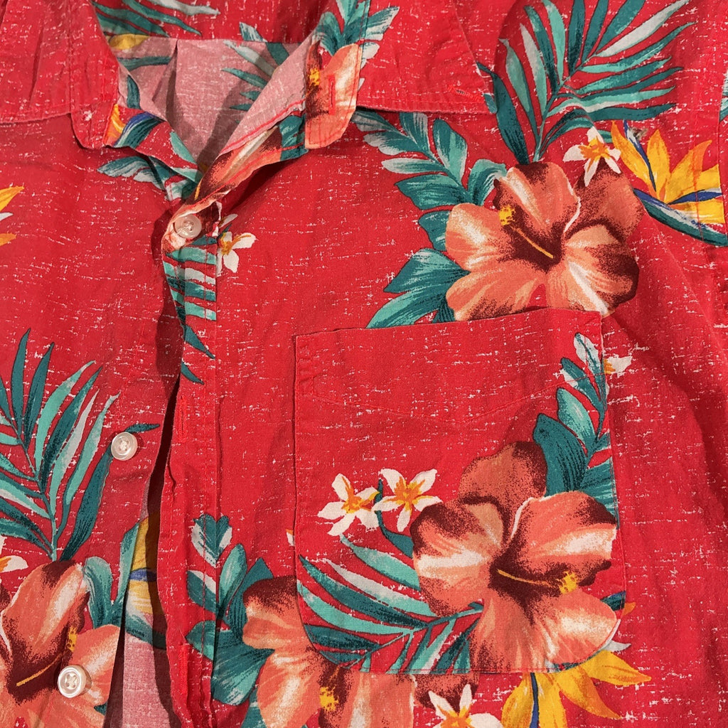Old Navy Men’s XXL Button-Up Shirt Red Tropical Print Built-In Flex Short Sleeve