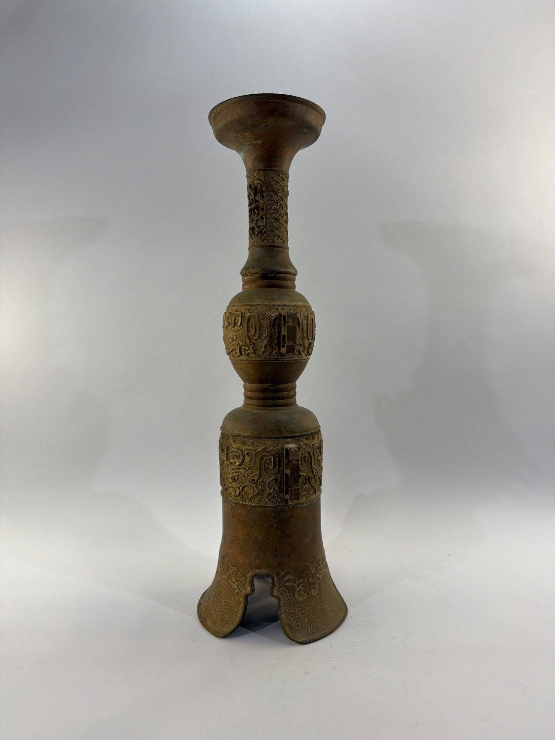 Vintage Chinese Bronze Pricket Candlestick Archaic Gu Vase Style Taotie Mask