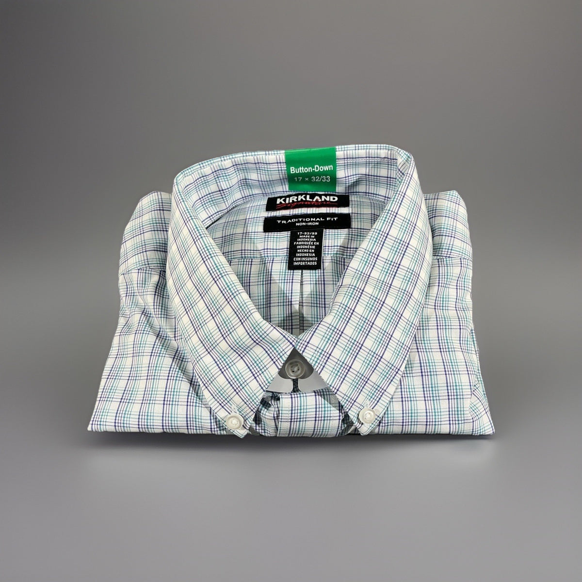 Kirkland Signature Mens Non Iron Blue Plaid Dress Shirt 17x32x33 Fashion Design