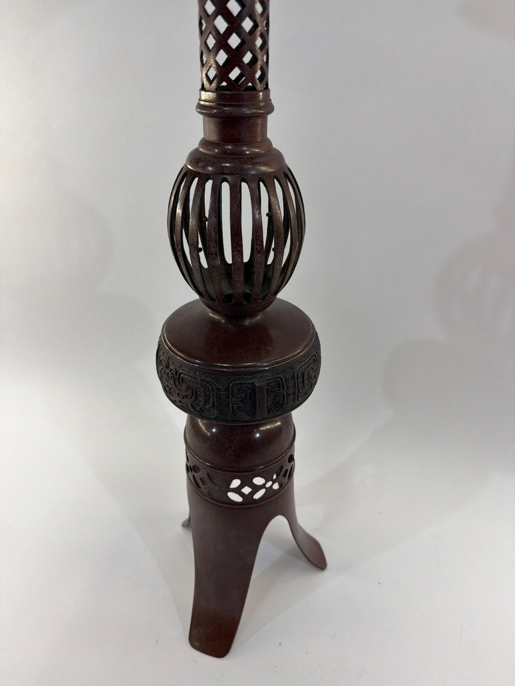 Vintage Japanese Bronze Candlestick Holder Meiji Style Reticulated Tripod Base