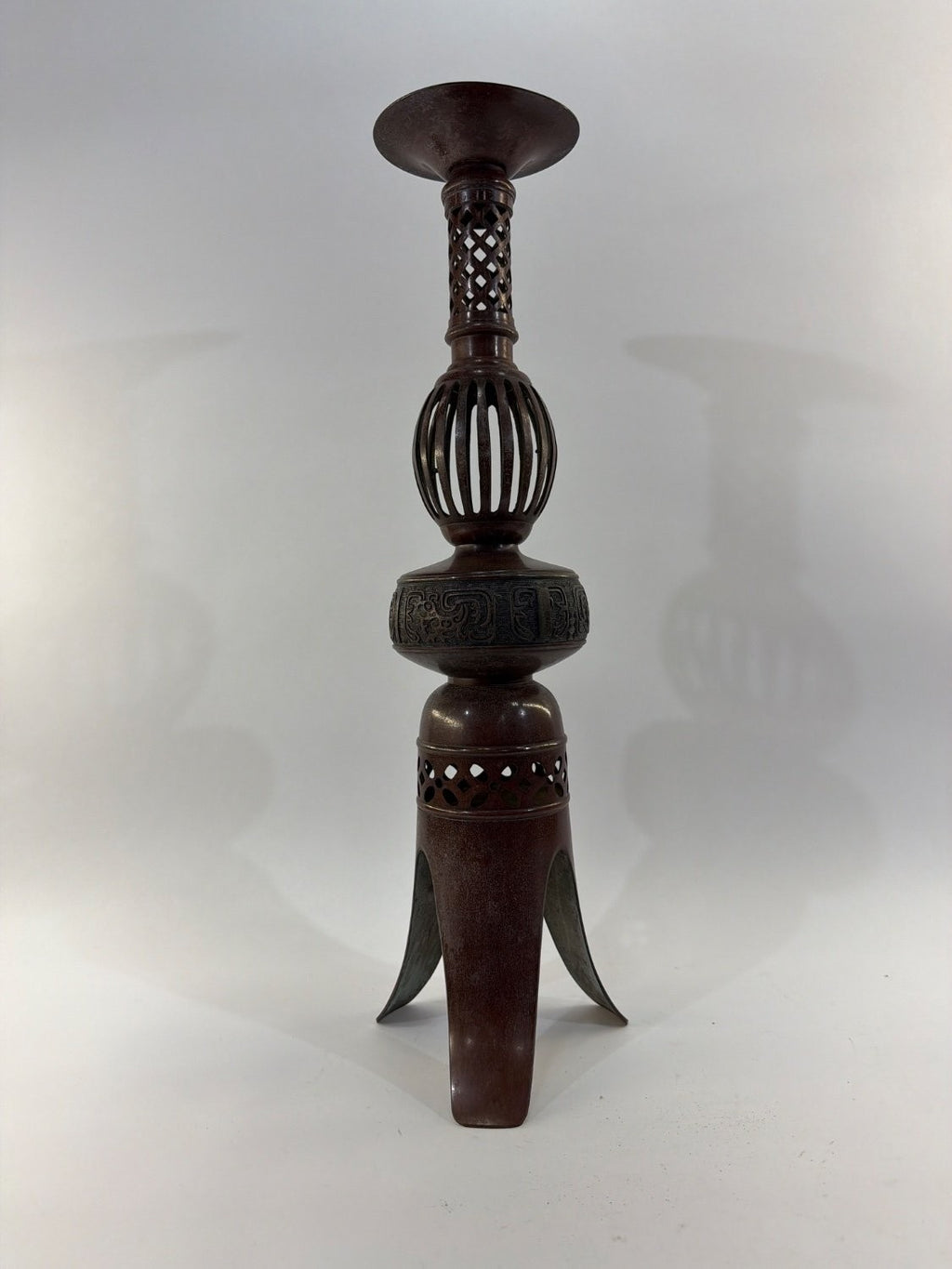 Vintage Japanese Bronze Candlestick Holder Meiji Style Reticulated Tripod Base