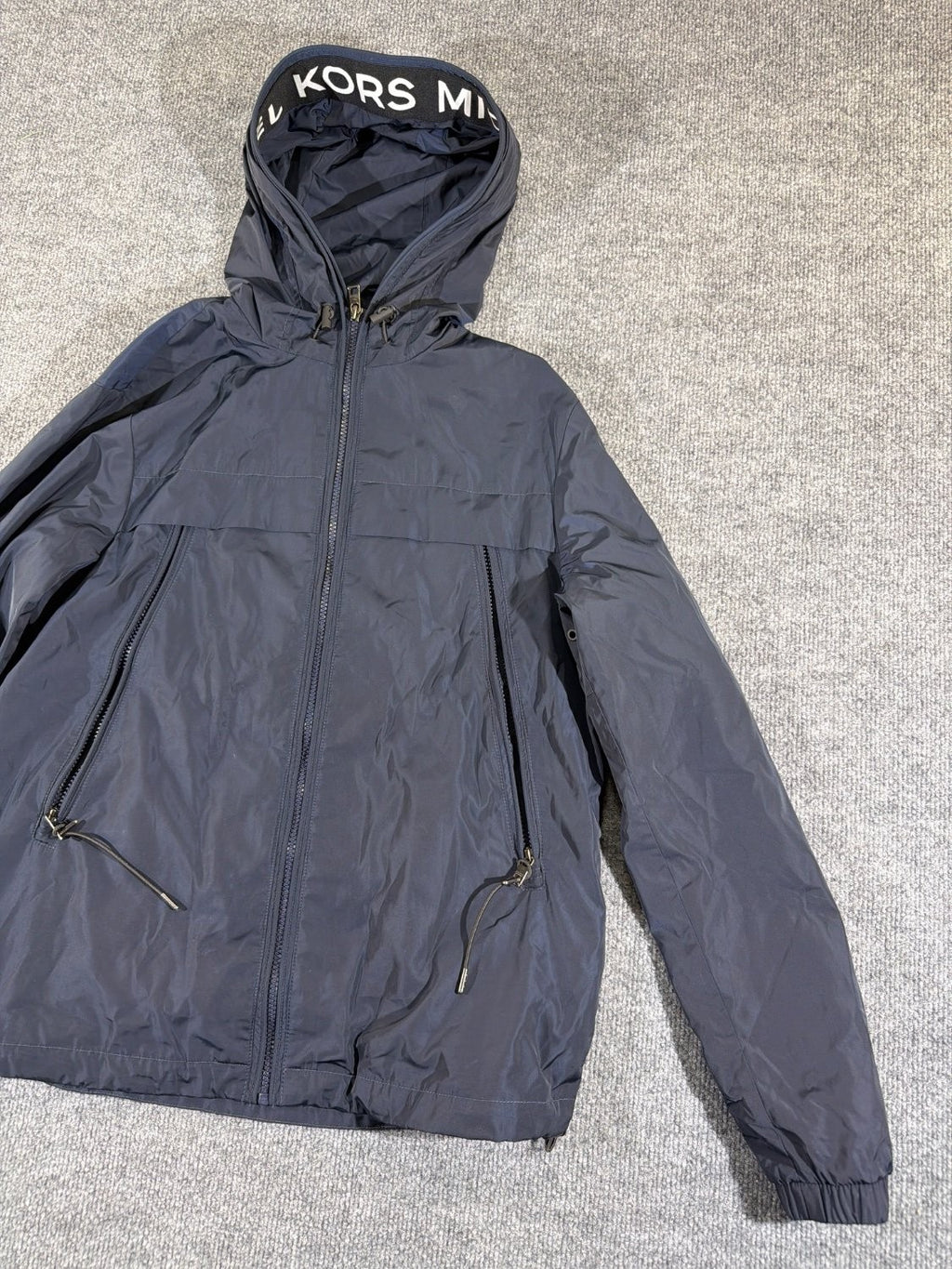 Michael Kors Logo Tape Hooded Windbreaker Jacket Navy Blue Women's Size XS Full