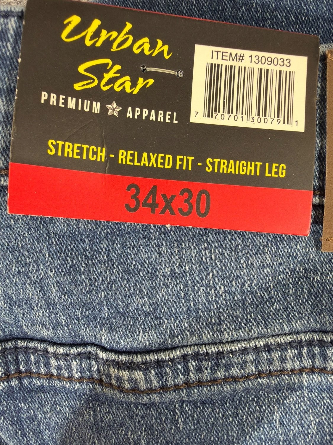 Urban Star Premium Apparel Men's Relaxed Fit Straight Leg Stretch Jeans 34 x 30