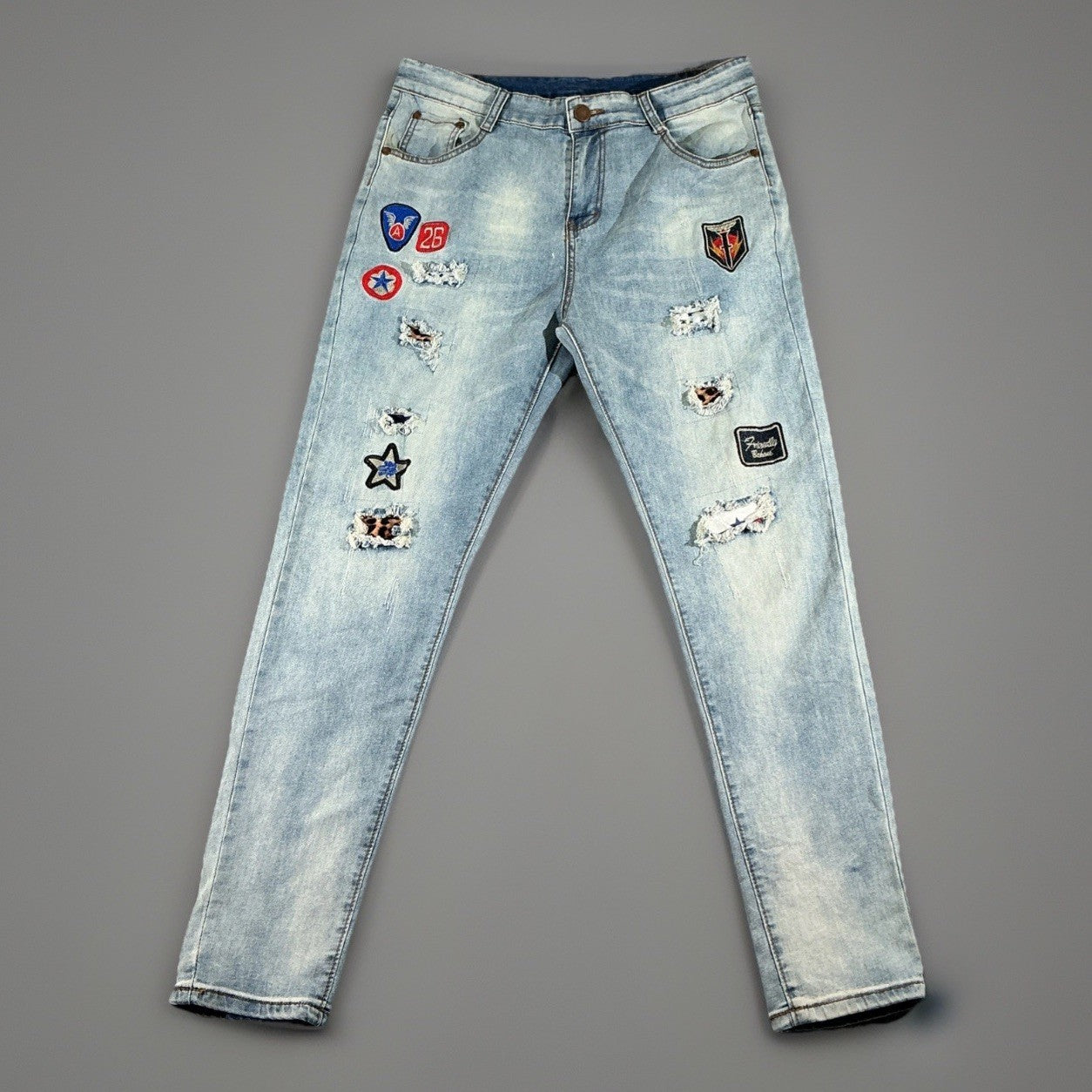 AL-WESAM Patchwork Jeans Mens Size M  Stretchy Light Wash Denim Fashion Designer