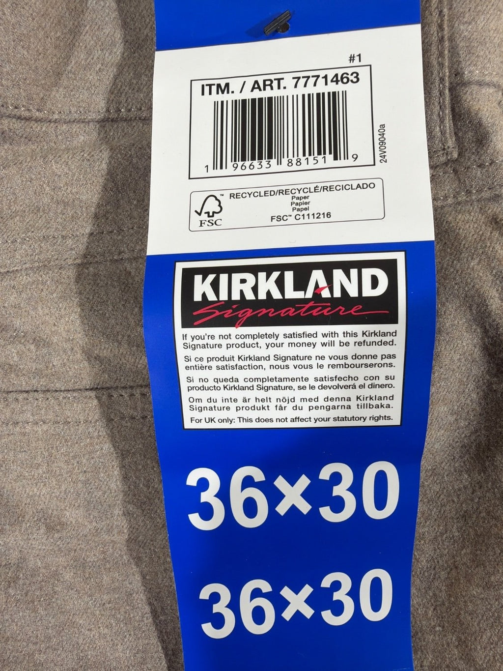 Kirkland Signature Men's Brushed 5-Pocket Pant Tan 36x30 Stretch Chino 7771463