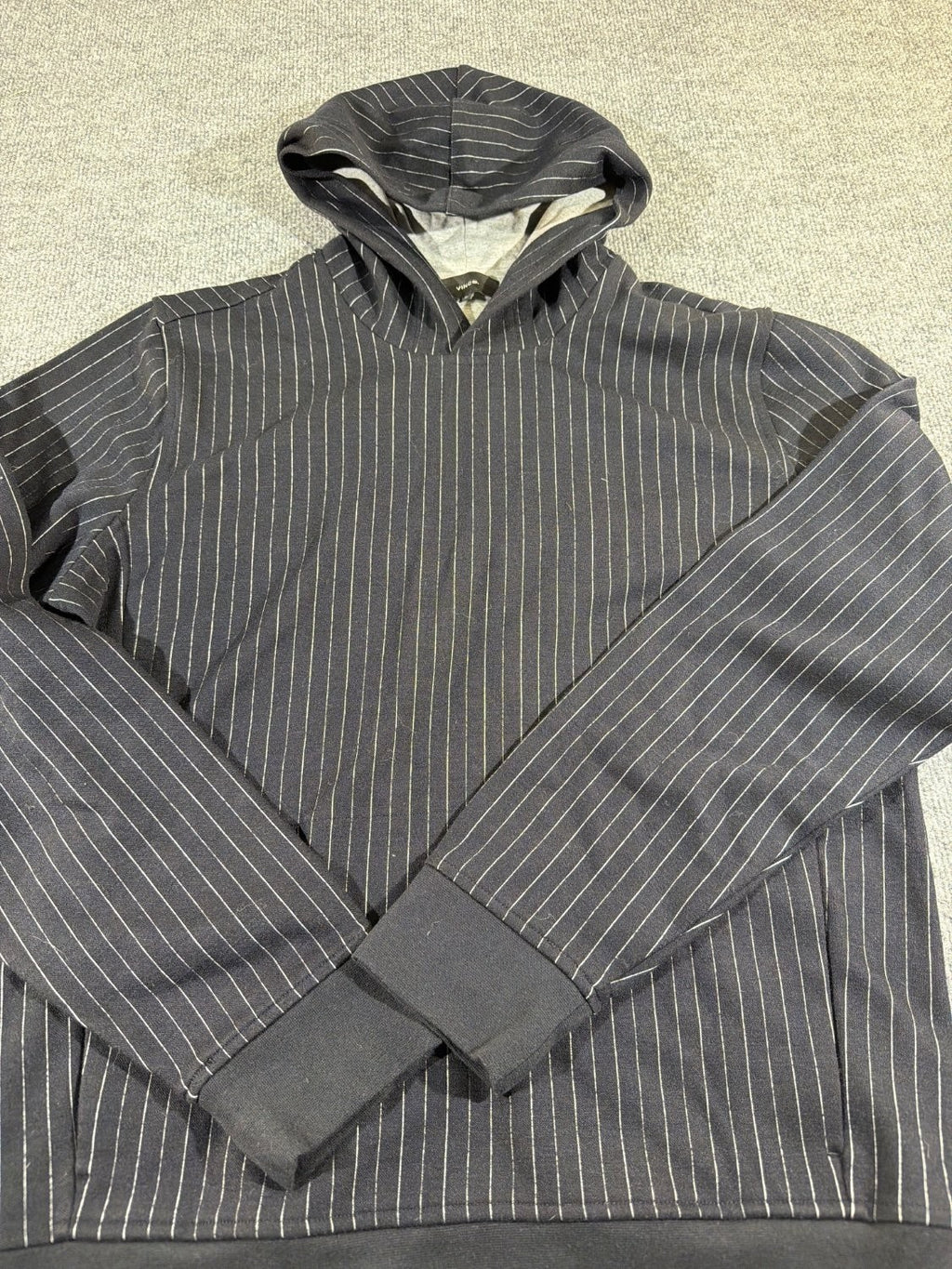 Vince Men's Pinstripe Pullover Hoodie Cotton Wool Blend Navy Blue Gray Size M