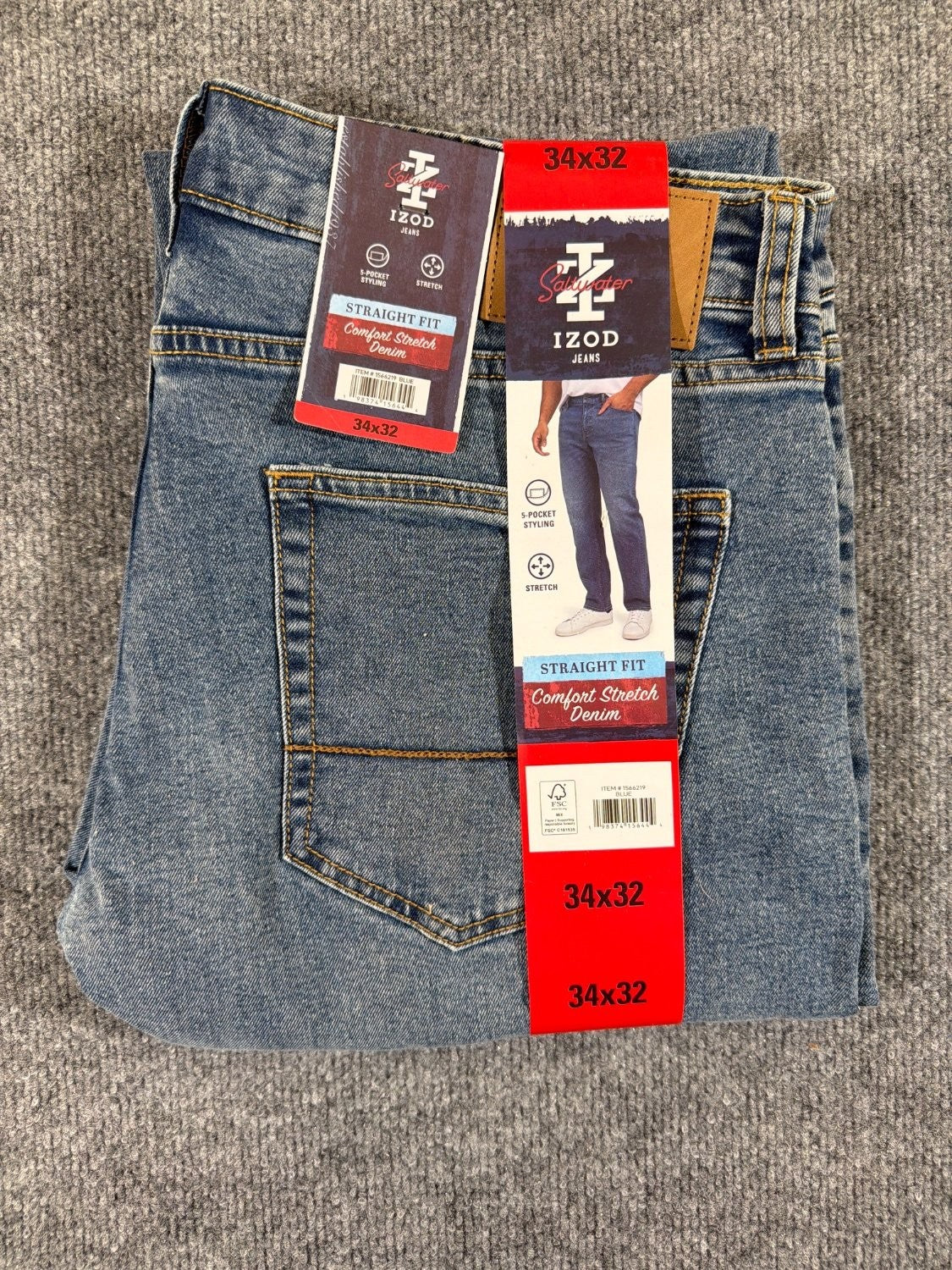 IZOD Saltwater Comfort Stretch Jeans Mens 34x32 Blue Straight Fit Denim 1566219