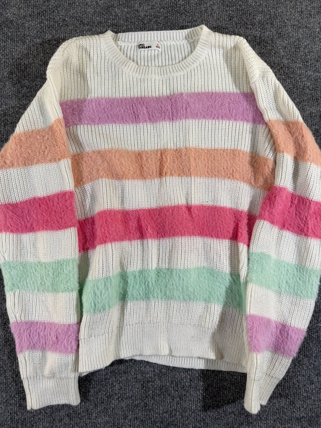 Epic Threads Girls XL Rainbow Striped Fuzzy Eyelash Knit Sweater Pastel Pullover