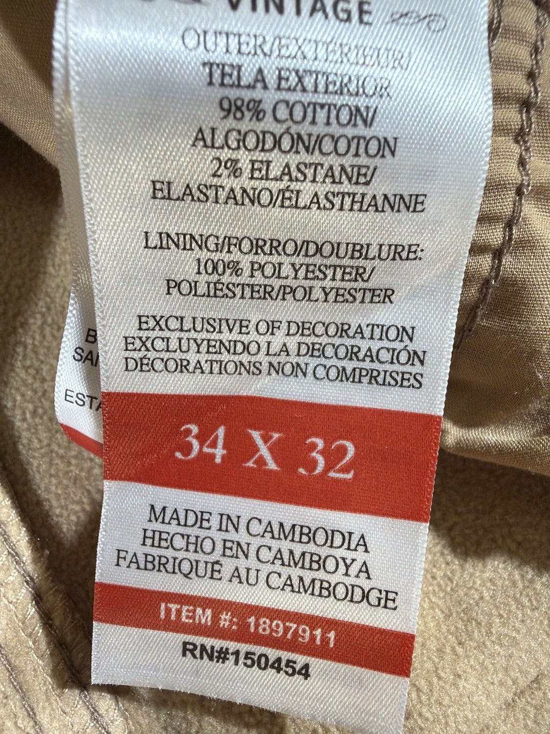 Weatherproof Vintage Utility Cargo Pants Men 34x32 Tan Fleece Lined Canvas Work