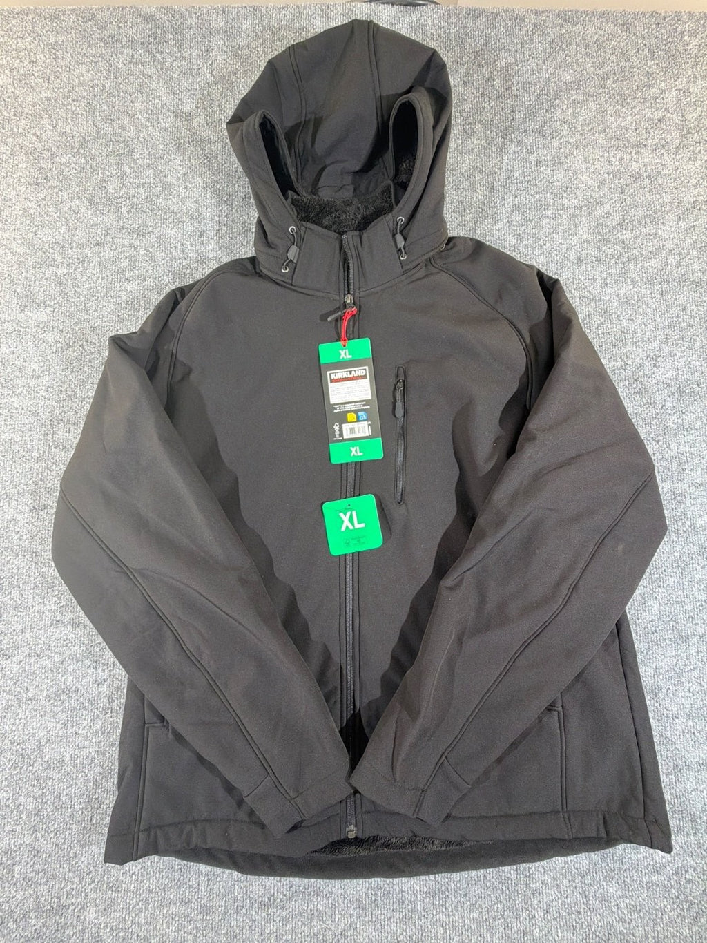 Kirkland Signature Men XL Softshell Jacket Black Fleece Lined Hooded NWT 7771773
