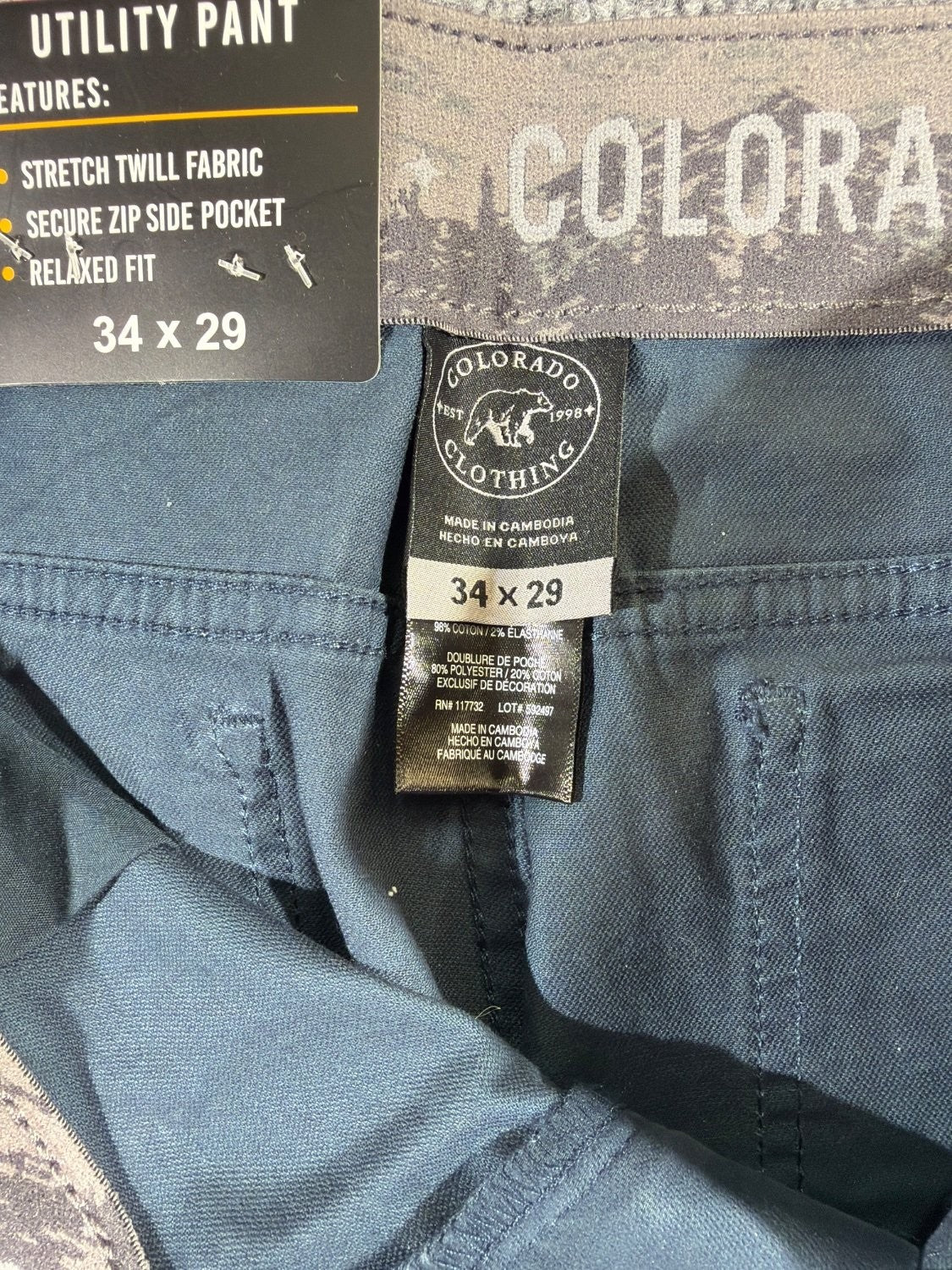 Colorado Clothing Men's Utility Pant 34 x 29 Relaxed Fit Stretch Twill Blue New