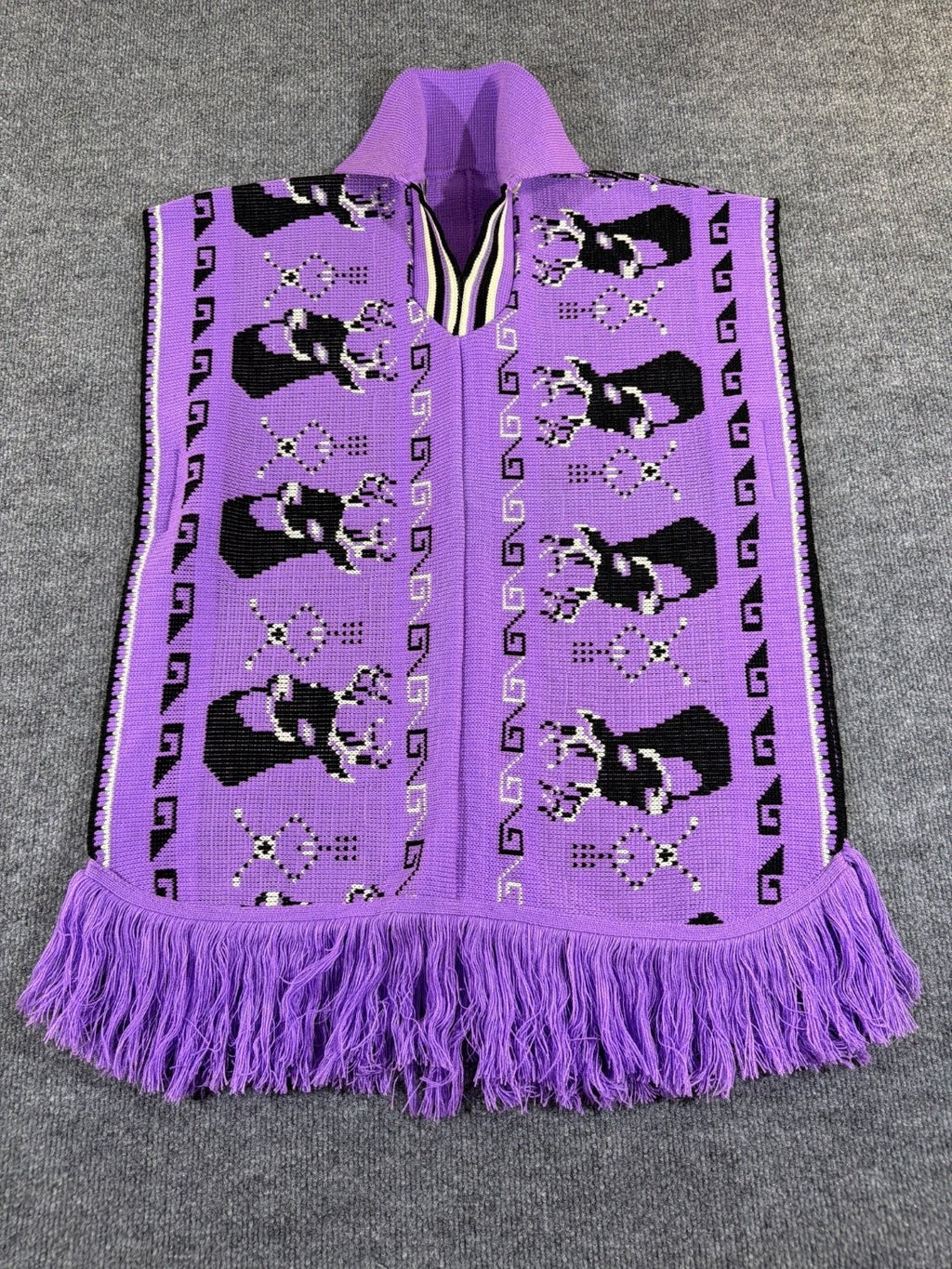 Vintage 1970s Knit Deer Poncho Purple Acrylic Fringe Stag Intarsia Cape One Size