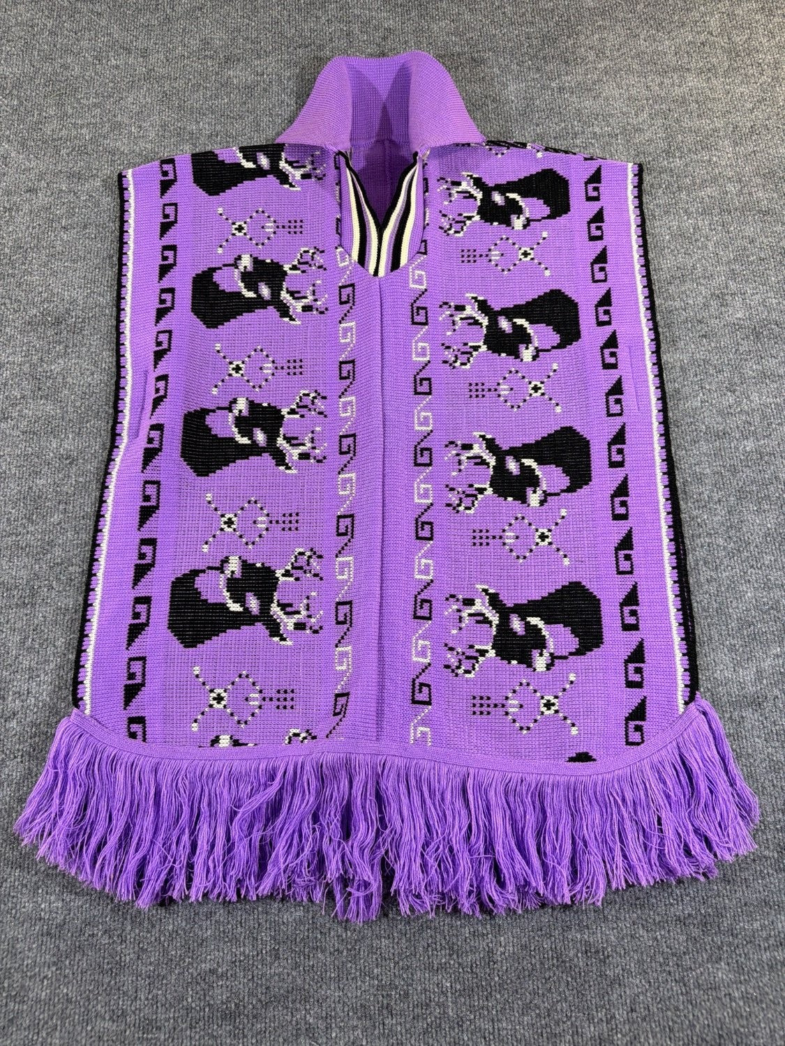 Vintage 1970s Knit Deer Poncho Purple Acrylic Fringe Stag Intarsia Cape One Size