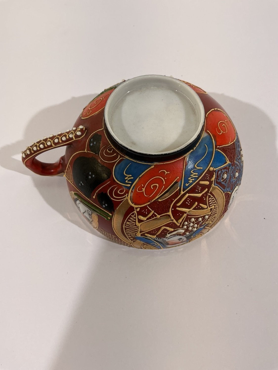Vintage Japanese Satsuma Moriage Teacup Geisha Lithophane Porcelain Red Gold