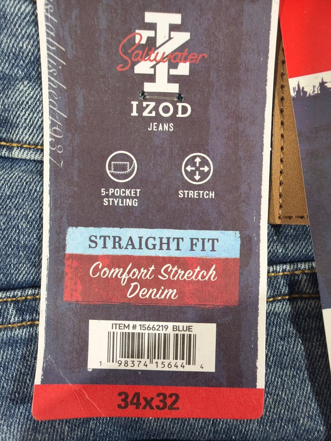 IZOD Saltwater Comfort Stretch Jeans Mens 34x32 Blue Straight Fit Denim 1566219