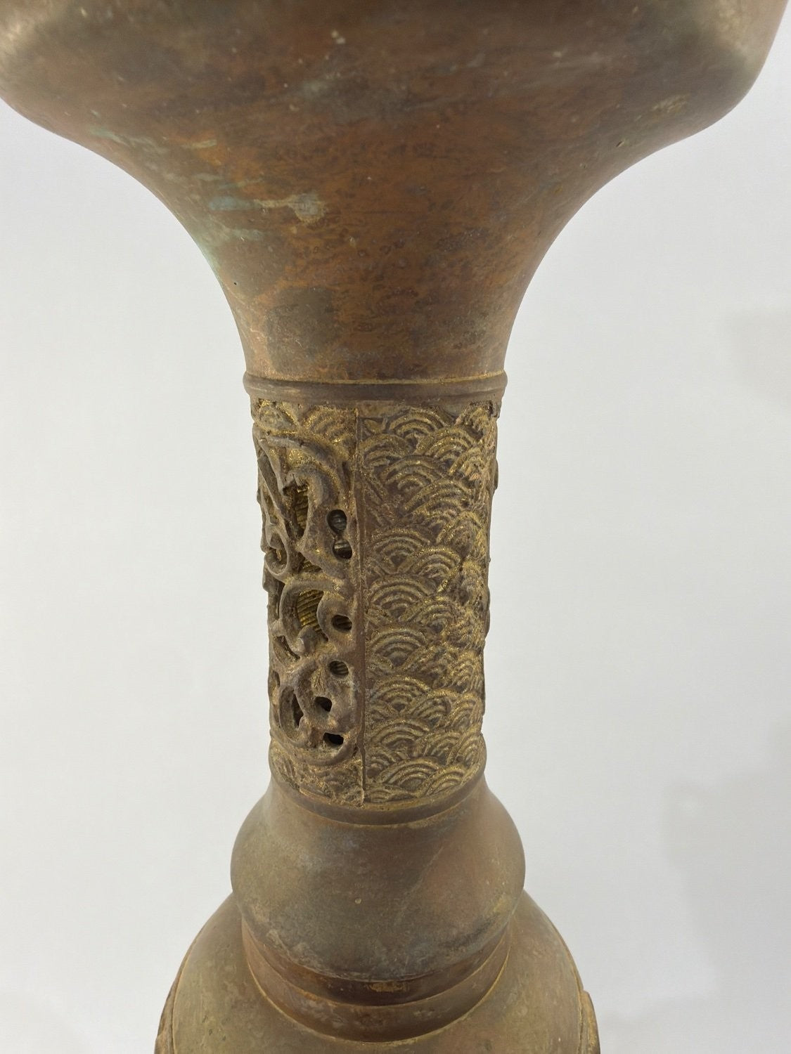 Vintage Chinese Bronze Pricket Candlestick Archaic Gu Vase Style Taotie Mask