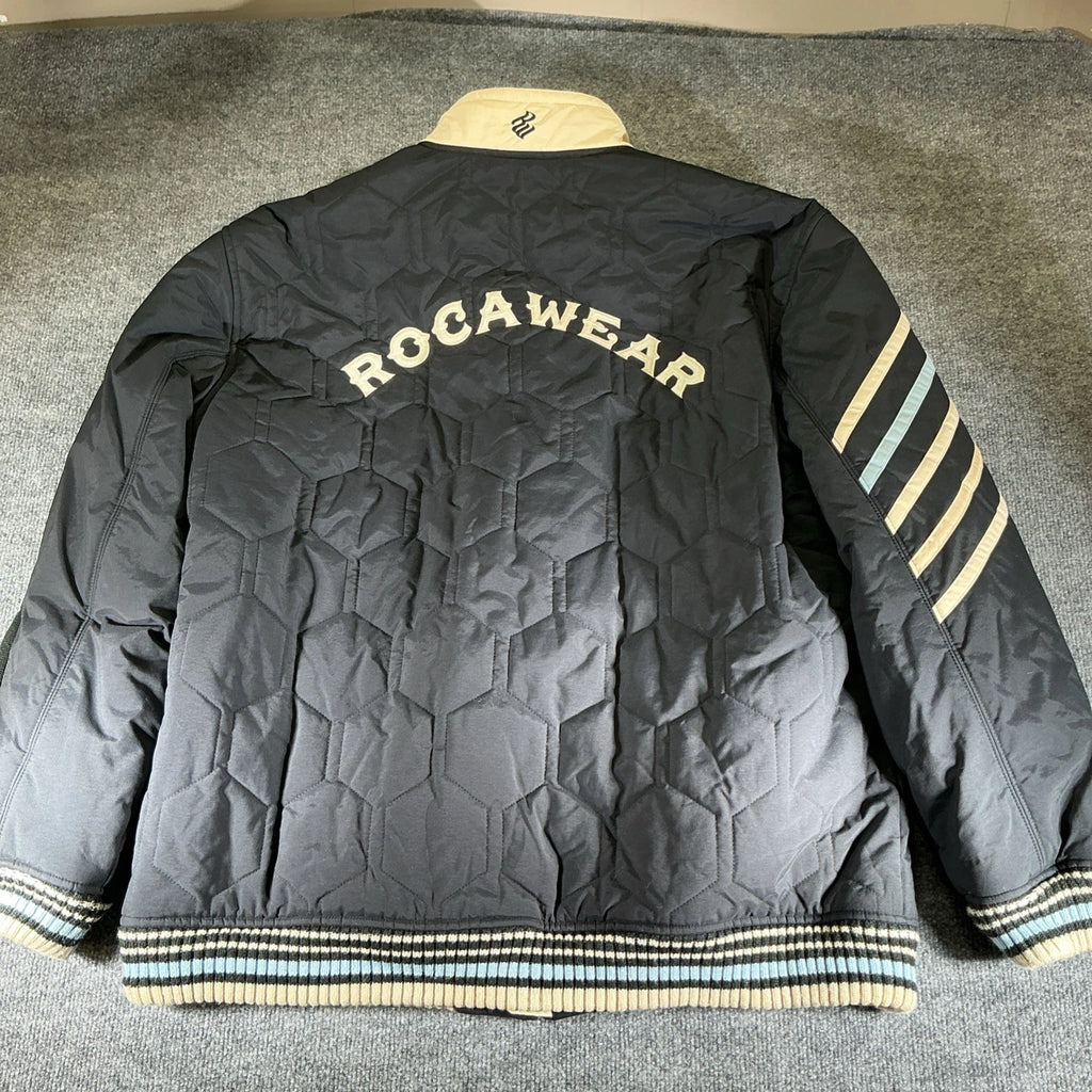 Vintage Y2K RocaWear Bomber Jacket Embroidered Logo Streetwear Zip Up Blue XXL