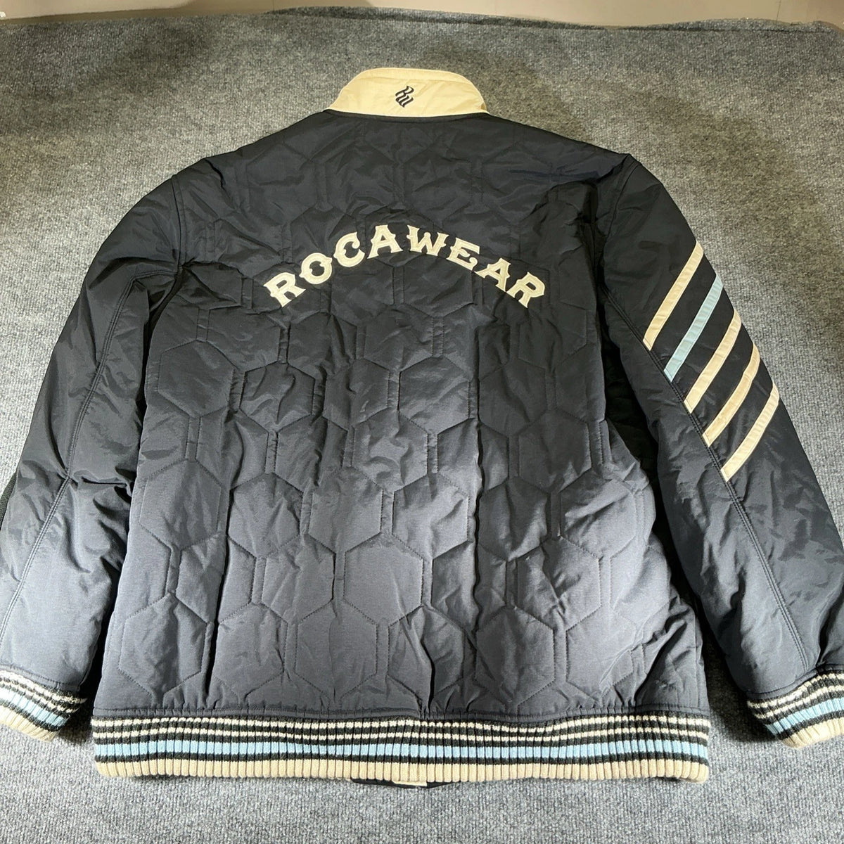 Vintage Y2K RocaWear Bomber Jacket Embroidered Logo Streetwear Zip Up Blue XXL