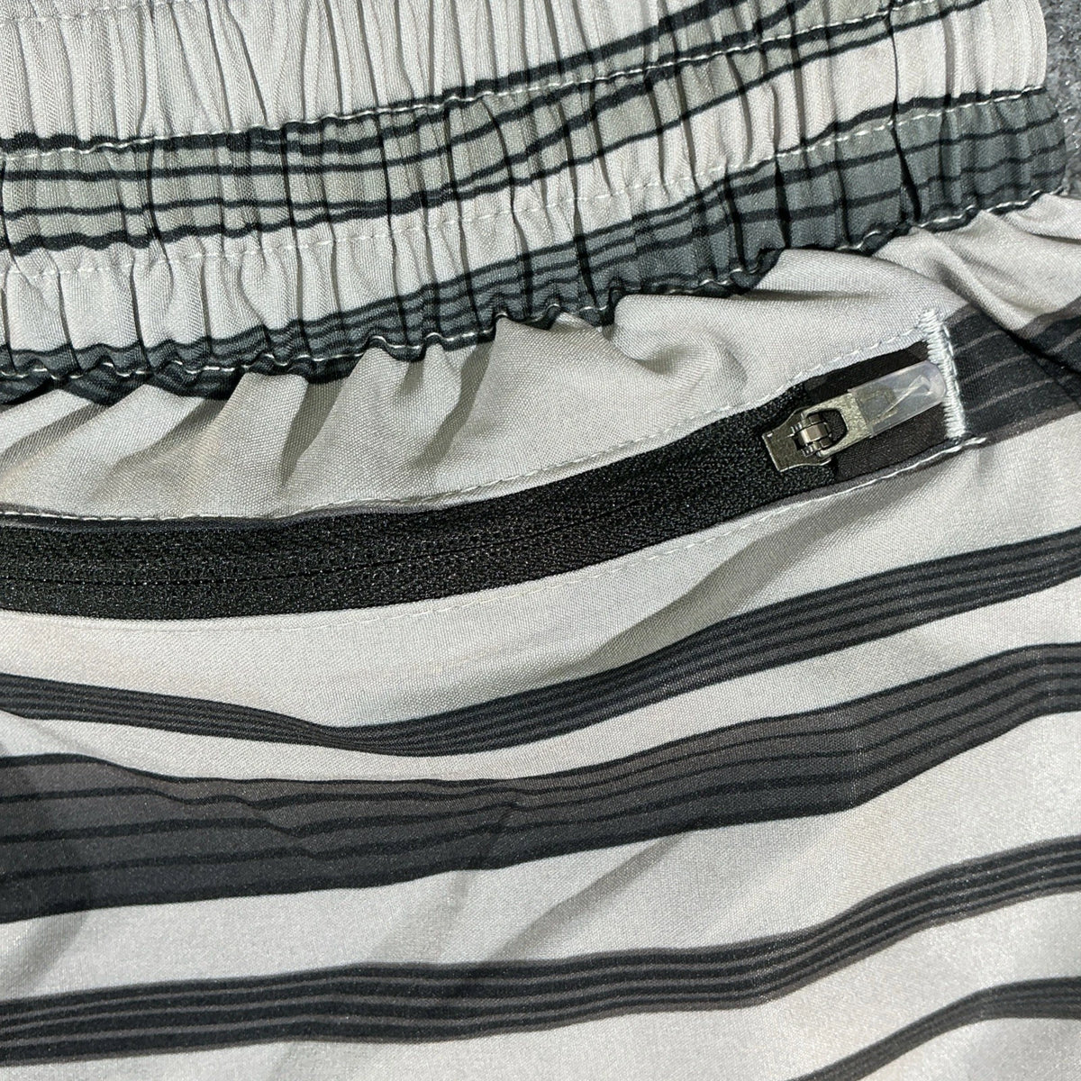 Nike Swim Shorts Mens Size M Gray Black Striped Drawstring Athletic Zip Pockets