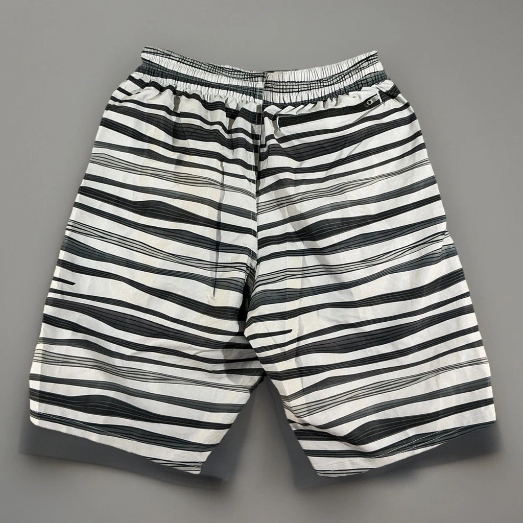 Nike Swim Shorts Mens Size M Gray Black Striped Drawstring Athletic Zip Pockets