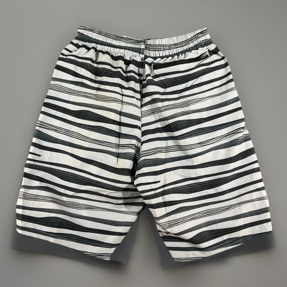 Nike Swim Shorts Mens Size M Gray Black Striped Drawstring Athletic Zip Pockets